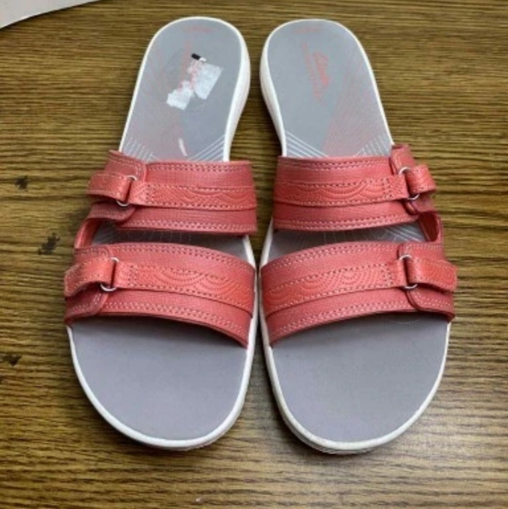 Clarks Cushion Slippers Slide Sandals Adjustable Straps Orange Size 10M Slip On